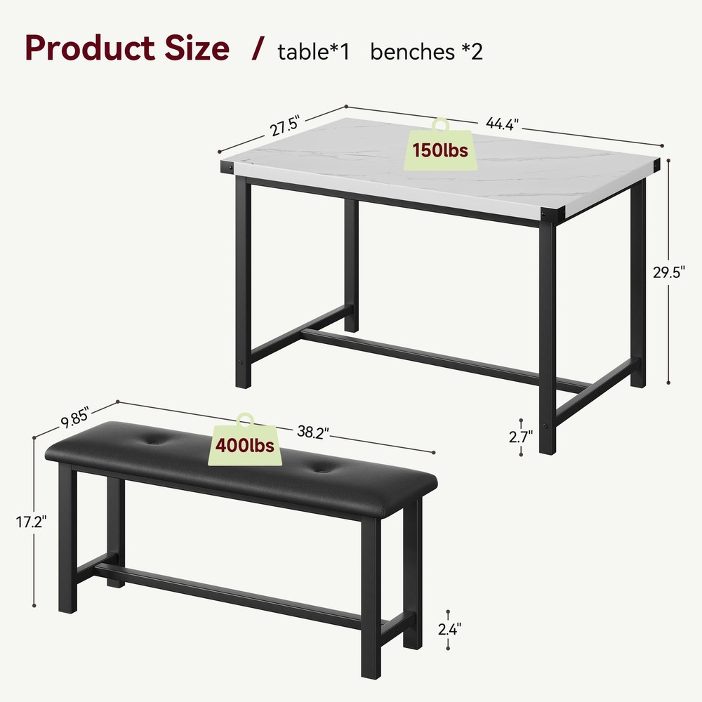 3pcs Dining Room Table Set ,Kitchen Table Set and 2 Upholstered Benches ,Dinette