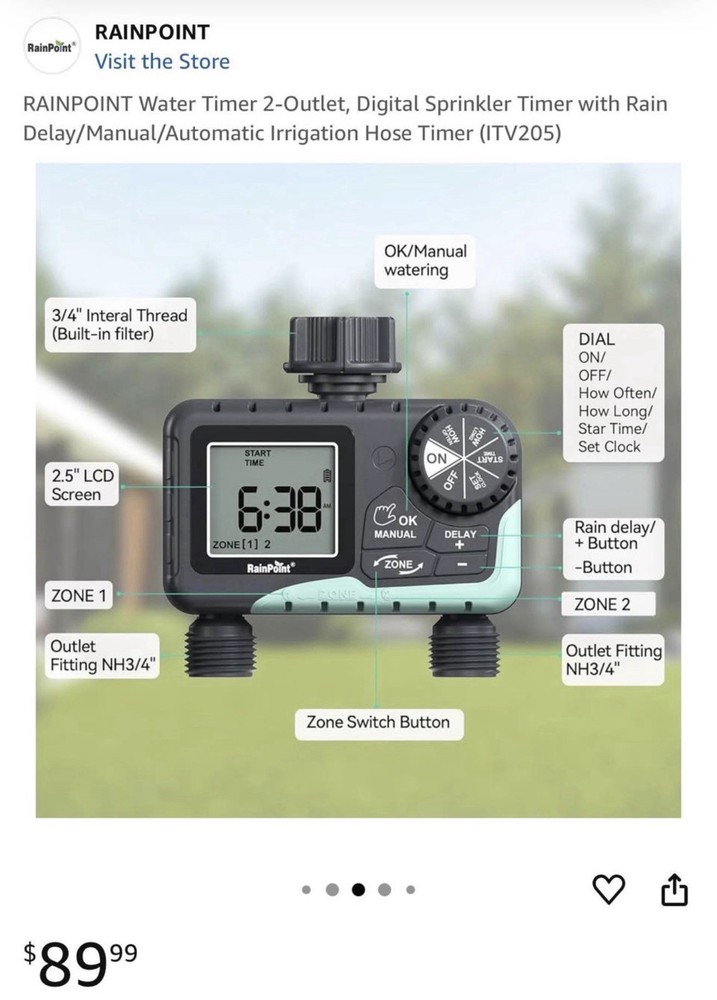 New RainPoint Programmable 2 Zone Water Timer - Model Number ITV205