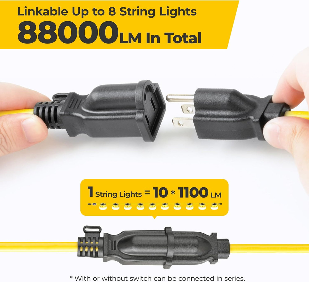 3 Prong LED String Lights with Switch: 100FT Linkable ETL Certified Bright Work