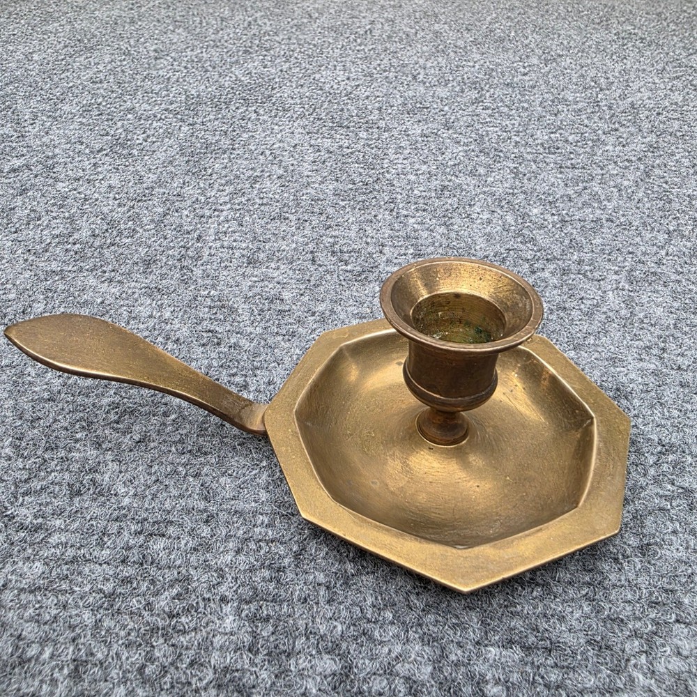 Vintage Heavy Solid Brass Chamberstick Candle Holder Octagonal Base Finger Loop