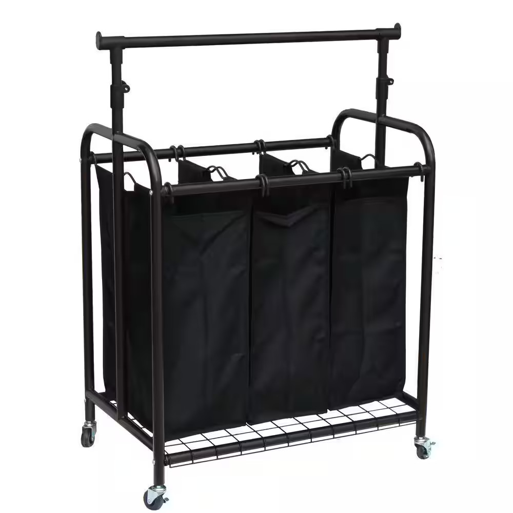 3-Bag Bronze Rolling Laundry Sorter with Hanging Bar
