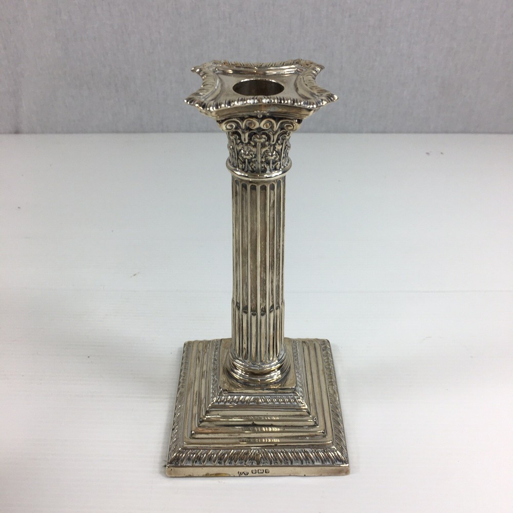Antique 1936 Solid Silver Weighted Pair Of Corinthian Column Candlesticks