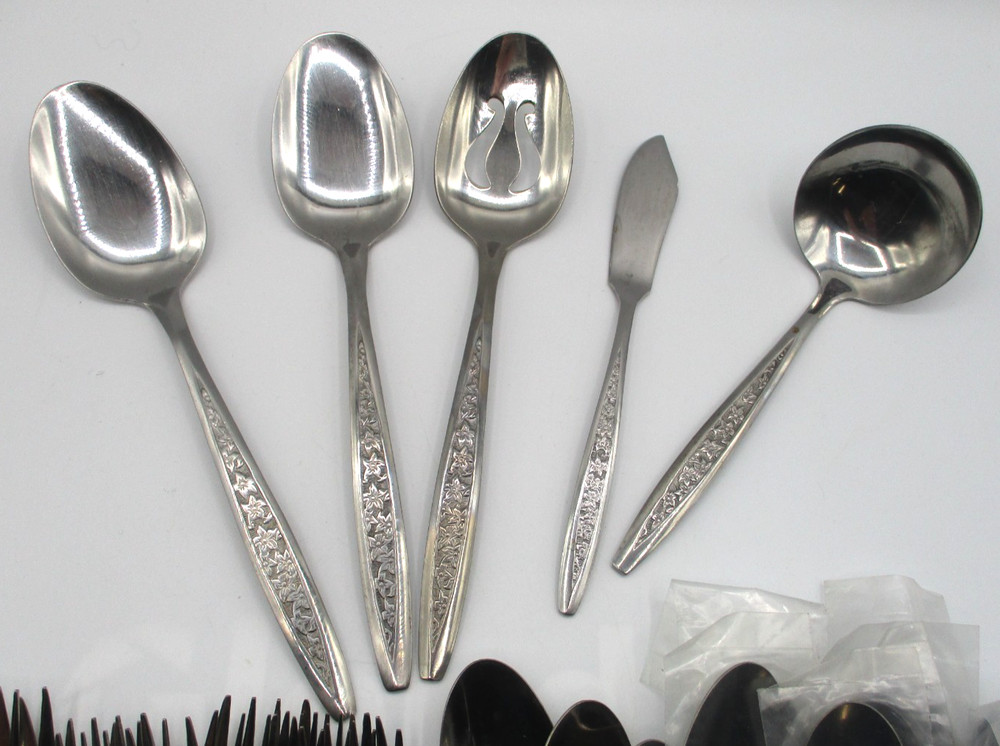 48 PCS CUSTOMCRAFT "CUS5" STAINLESS FLATWARE with MCM FLORAL HANDLE