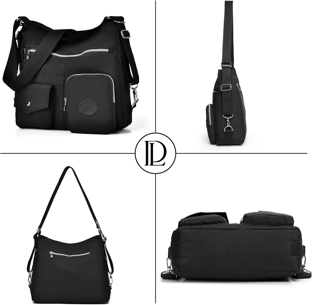 Multipurpose Hobo Purse for Women with Antitheft RFID, Waterproof Nylon Black
