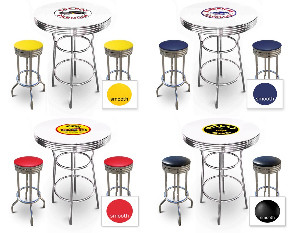 Bar Table Set Vintage Gas Theme 3-pc White Table Retro Vinyl Backless Stools