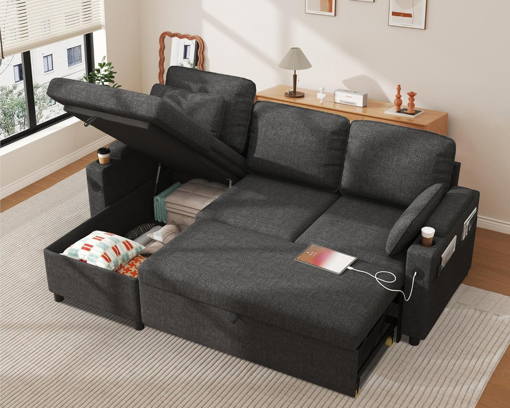 Dark Gray L-Shaped Sleeper Sofa Bed with Storage, USB & Cup Holder