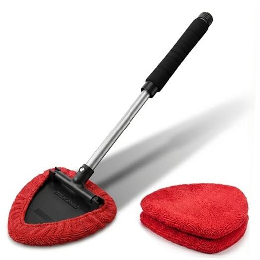 Windshield Window Cleaner Tool, Extendable Long-Reach Handle, Black & Red