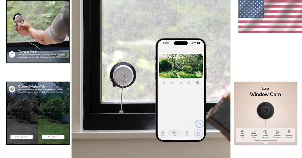 Luna 2K Window Security Camera with Smart AI Alerts & Quick Peel-and-Stick Mount