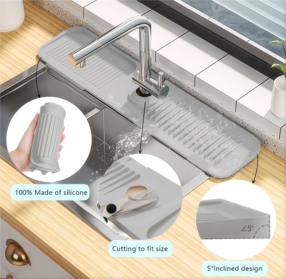 Extra Long 24' Silicone Sink Splash Guard - 5 Slope Drain Guard, Includes Cle...