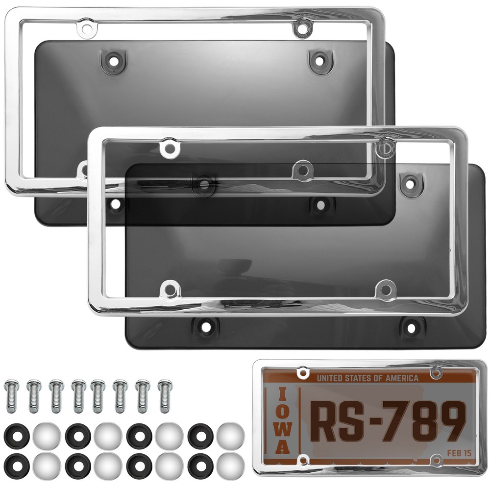 2 Unbreakable License Plate Covers+Frames Auto Tag Shield Protector Front Rear.