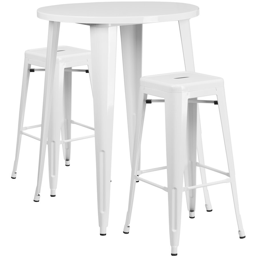 Flash Commercial Grade 30" Round White Metal Bar Table Set & 2 Backless Stools