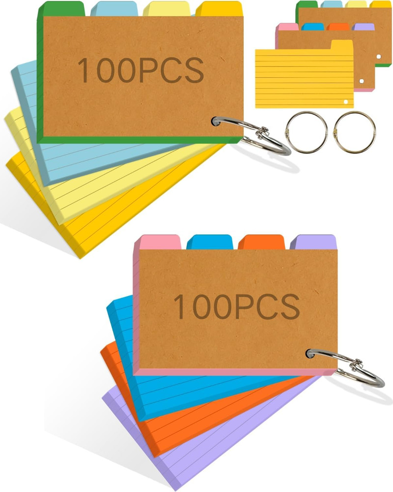 200PCS Tabbed Index Cards with Ring 3X5: Lined Colored Flash Card with Tabs, Ass