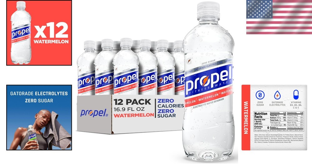 Propel Watermelon Electrolyte Water, Zero Sugar, 16.9 Fl Oz - 12 Pack Hydration