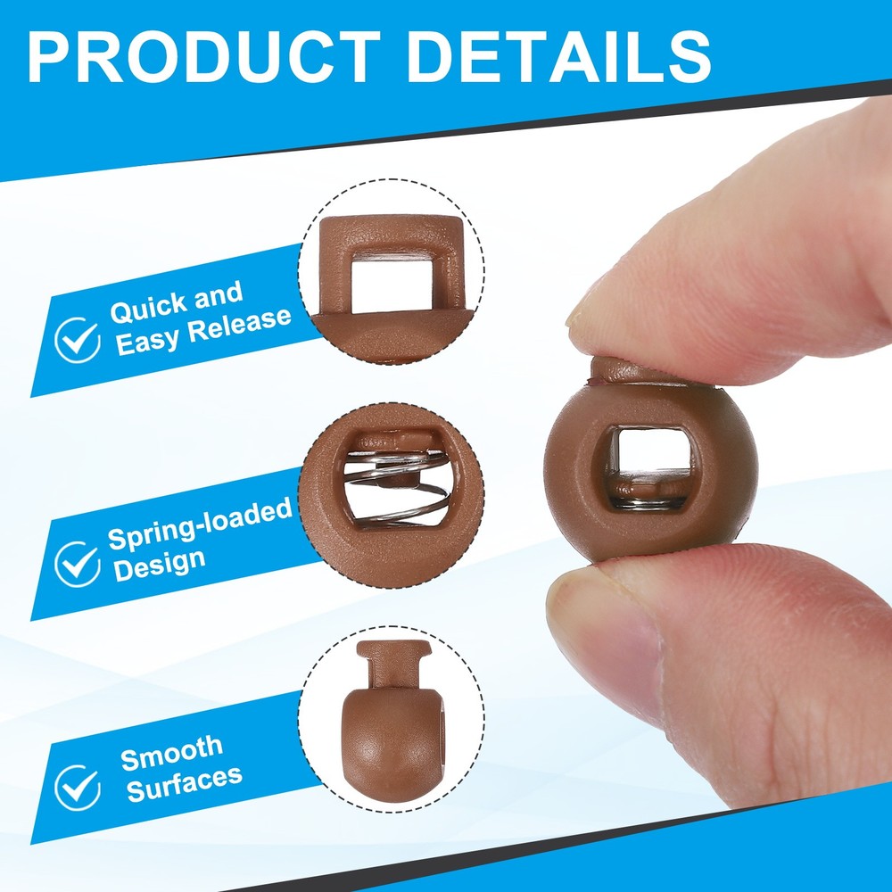 30Pcs Round Cord Lock Spring Loaded Toggle Stoppers with Box Light Brown