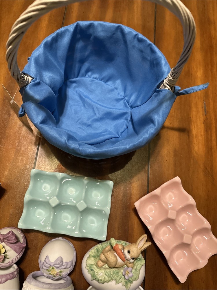 Easter White Basket with Blue Fabric Liner 10” & Decorations