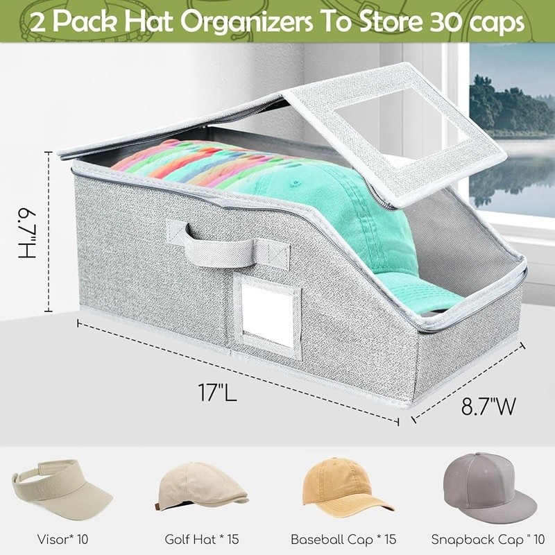 Hat Organizer Baseball Cap Storage Stackable Collapsible W/ Clear Windows New
