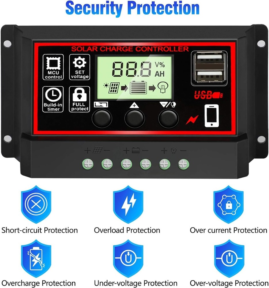 Intelligent 30A Solar Charge Controller with Dual USB and LCD Screen - Safe Use