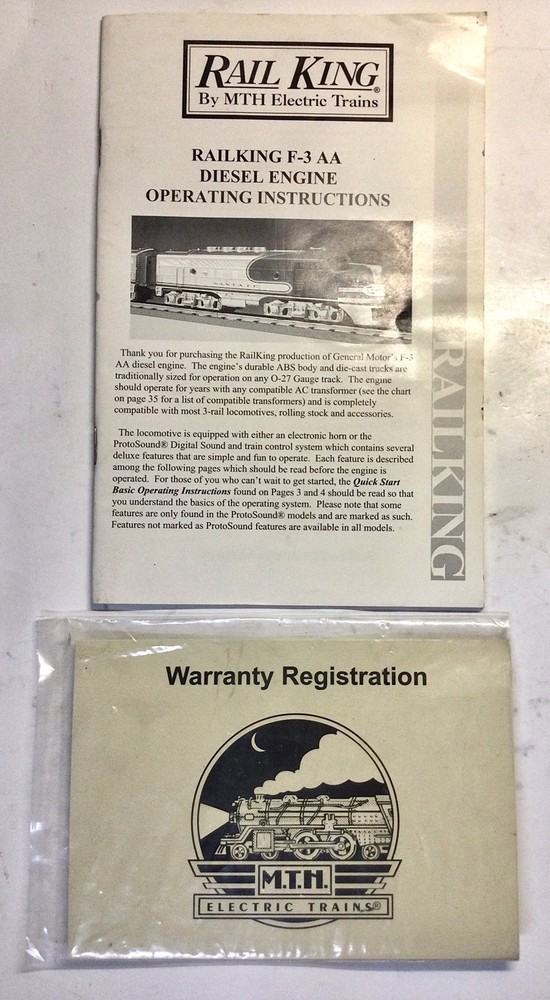 MTH RAIL KING F-3AA TRAIN DIESEL ENGINE OPERATING INSTRUCTION BOOK +