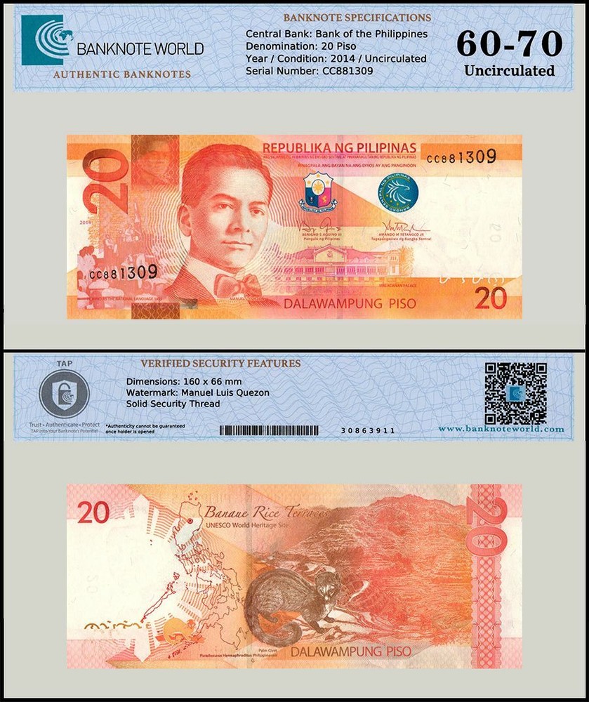 Philippines 20 Piso, 2014, P-206a.4, UNC, Authenticated Banknote