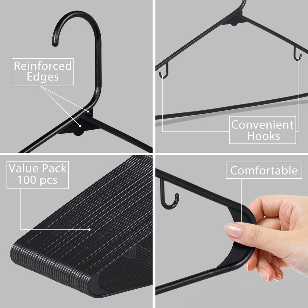 Standard Black Plastic Hangers 100 Pack w/ 2 Hooks Space Saving for Coats Skirts