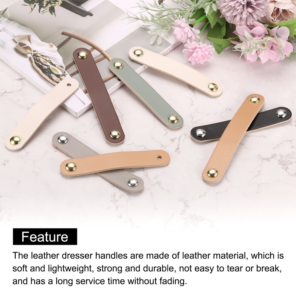 4 Packs Leather Drawer Pulls Double Hole Knobs, Cream/Gold(Hole Spacing:96mm)