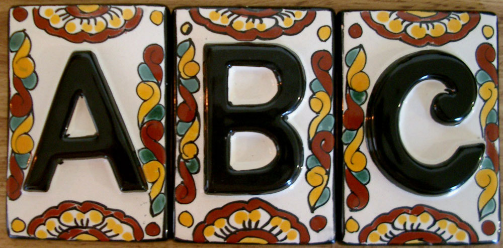 4 Mexican BLACK House Numbers Tiles with HORIZONTAL Iron Frame