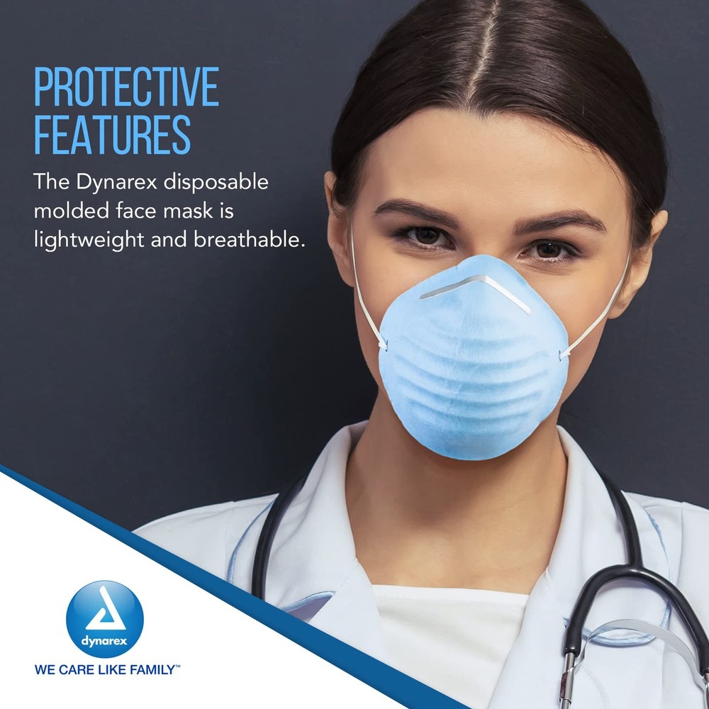 Dynarex Blue Molded Face Mask 50 Count Disposable Adjustable Fluid Resistant