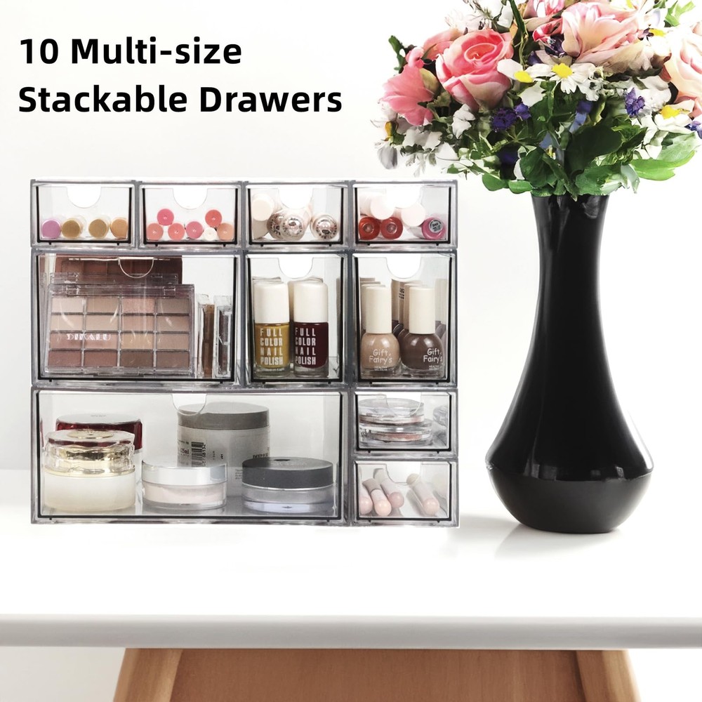 Acrylic Makeup Organizer, 10 Drawers Clear Storage Organizer Desktop Stackabl...