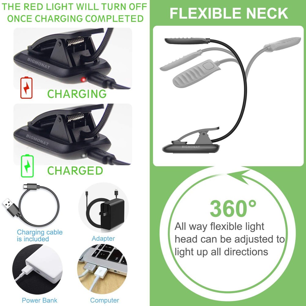 Rechargeable Book Reading Light Amber LED USB Bendable Neck Adjustable Black