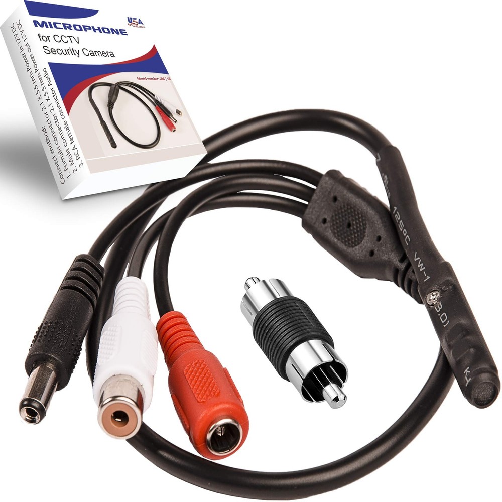 CCTV Microphone with Preamp RCA Audio Out 12V DC — Adjustable Gain — for DVR/...