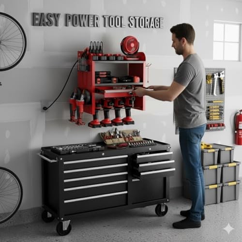 Power Tool Organizer Wall Mount with Drill Rack & Locking Drawers - Heavy Red