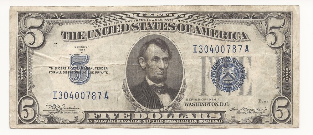 1934-A $5 Dollar Bill Silver Certificate Note VG Or Better