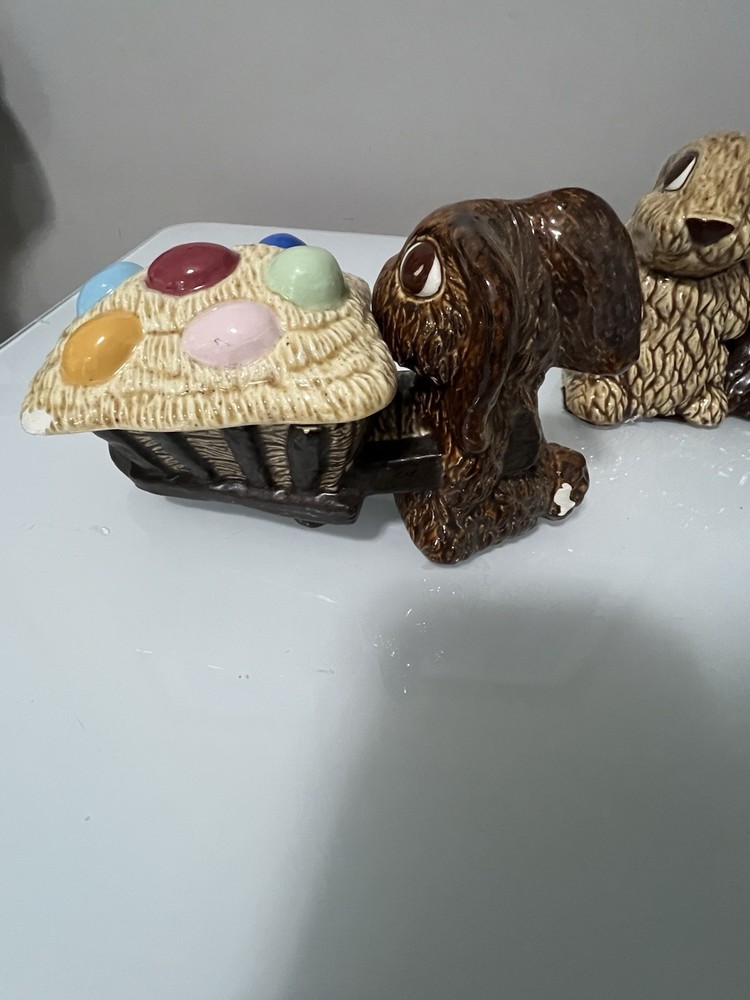 3 Vtg Ceramic Easter Bunny Candy Dishes And Basket