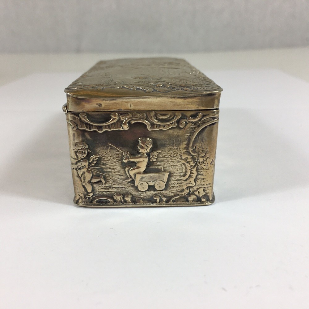 Antique German Hanau Pseudo Embossed Cherubs Playing Solid Silver Box 12cm Wide