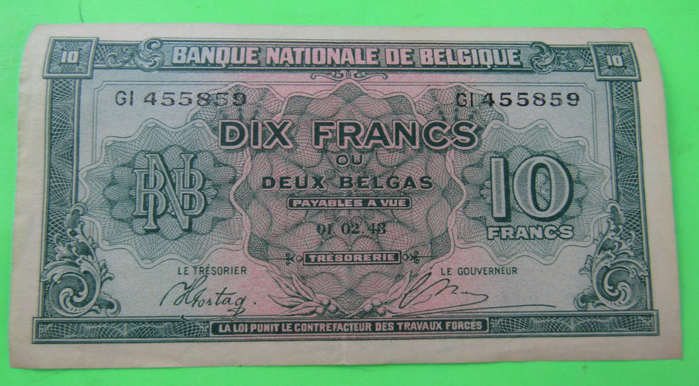 BELGIUM, 10 FRANCS, P#122, 1943