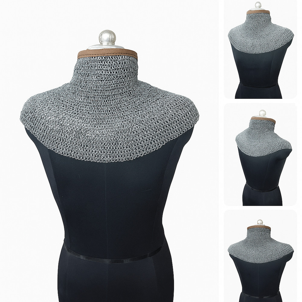Titanium Chainmail collar,neck protection with leather, ~ 9 MM flat riveted