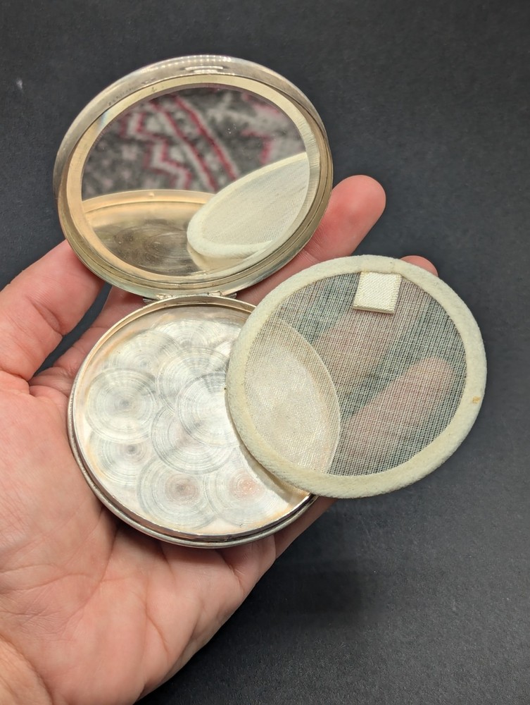 Vtg Hans Jensen Denmark Silverplate Empty Powder Mirror Compact Repoussé Scene