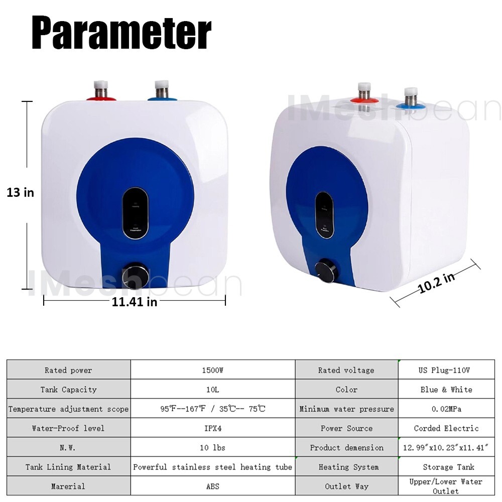 110V 10L Electric Tank Hot Water Heater Kitchen Bathroom Home 95°F-167°F US