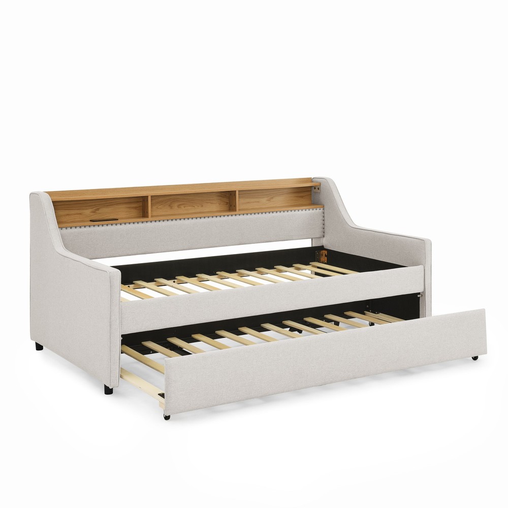 Twin Size Upholstery Sofa Bed with Three LED lights, with Storage Adjustable Hea