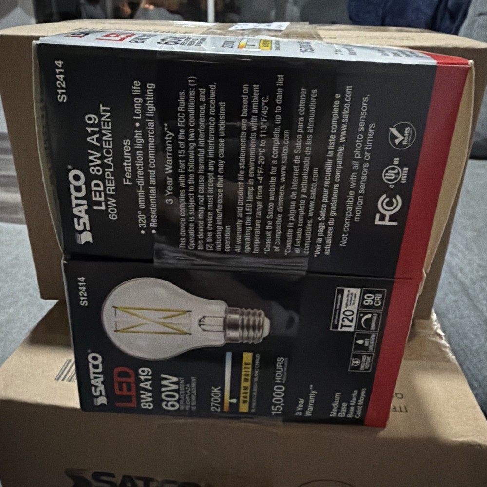 Satco Lighting S12414 Single 8 Watt Medium Base A19 LED Bulb - 2700K - Clear