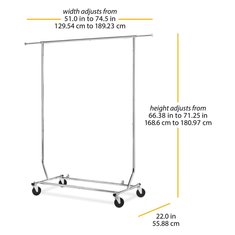 Whitmor Rolling Folding Garment Rack, Adjustable Width 51-74.5 in, Height 66-71