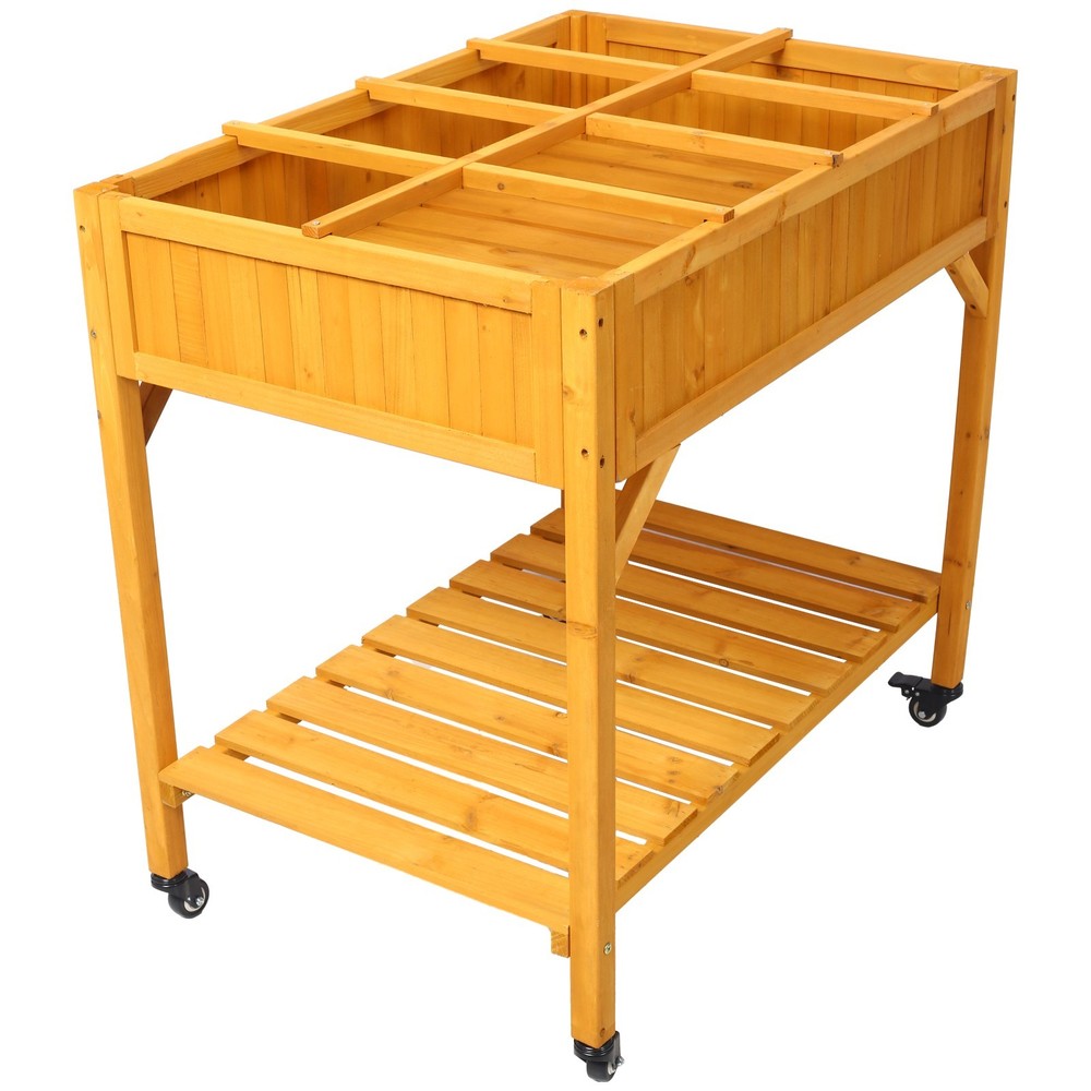 Mobile Elevated 8-Pocket Wood Planter w/ Lockable Wheels & Storage Shelf