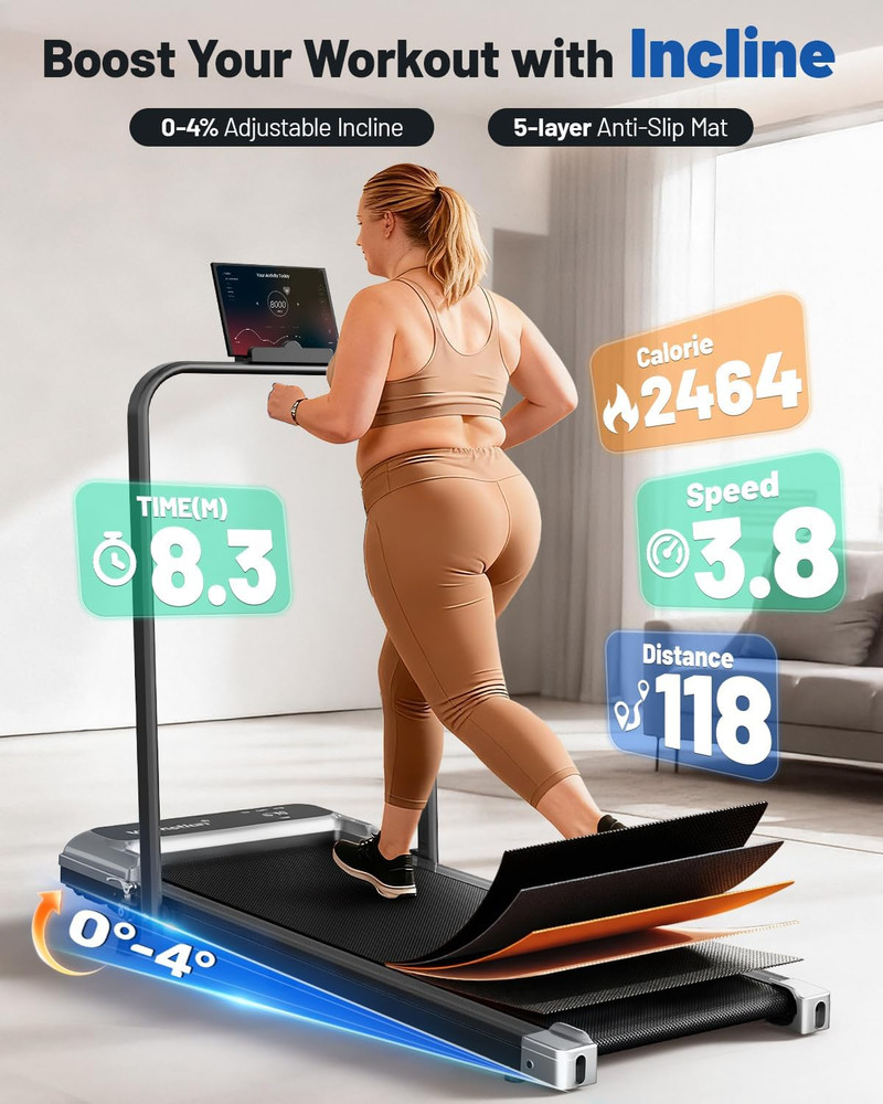 Walking Pad Treadmill with Handle Bar and Adjustable Incline, Compact Portable