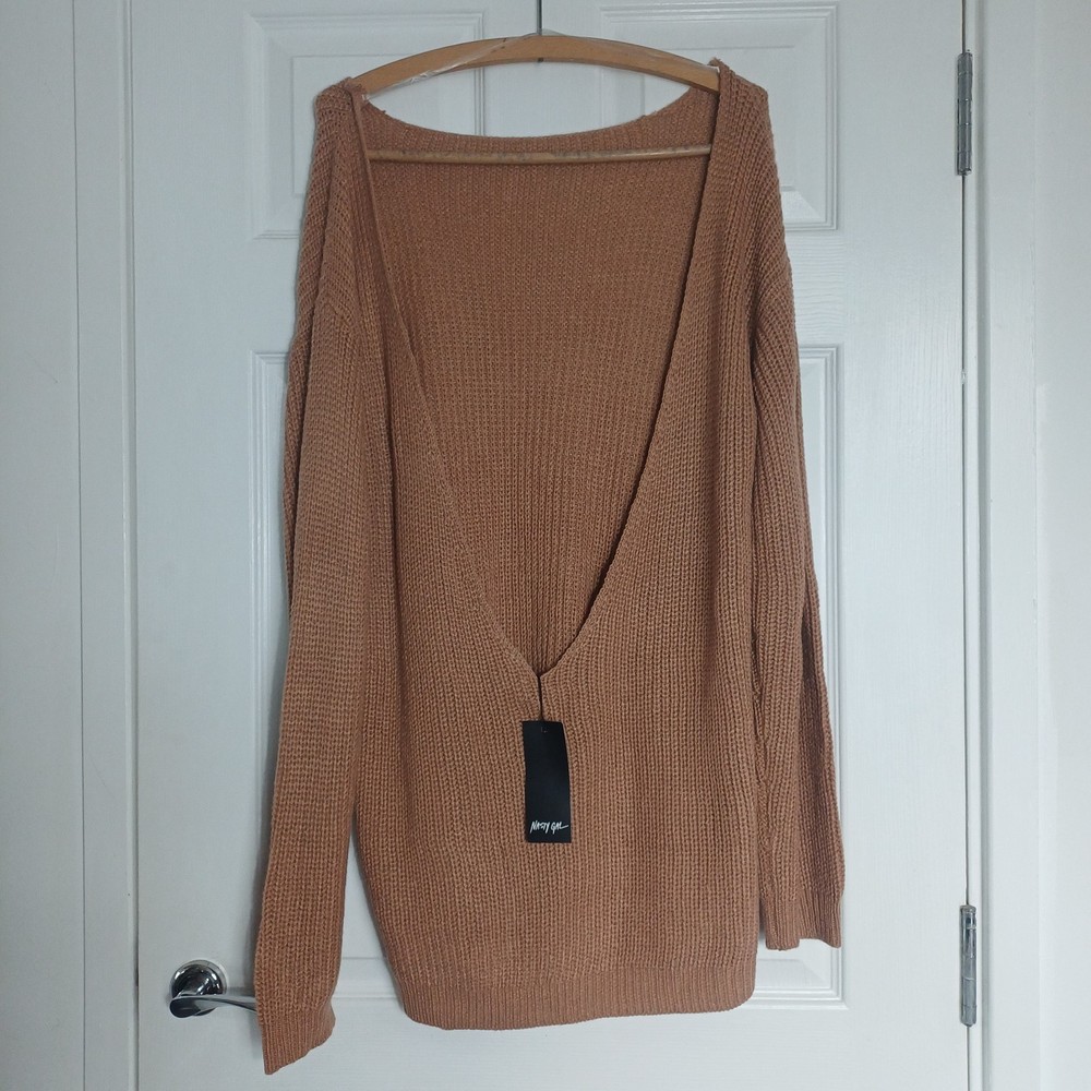 L BNWT NASTY GAL Oversized Open Back Knit Sweater Jumper Pullover Dusky Pink Tan