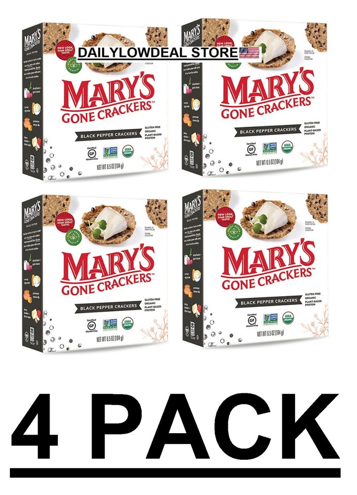 4 PACK - Mary's Gone Crackers Organic Crackers - Black Pepper 6.5 oz Boxes