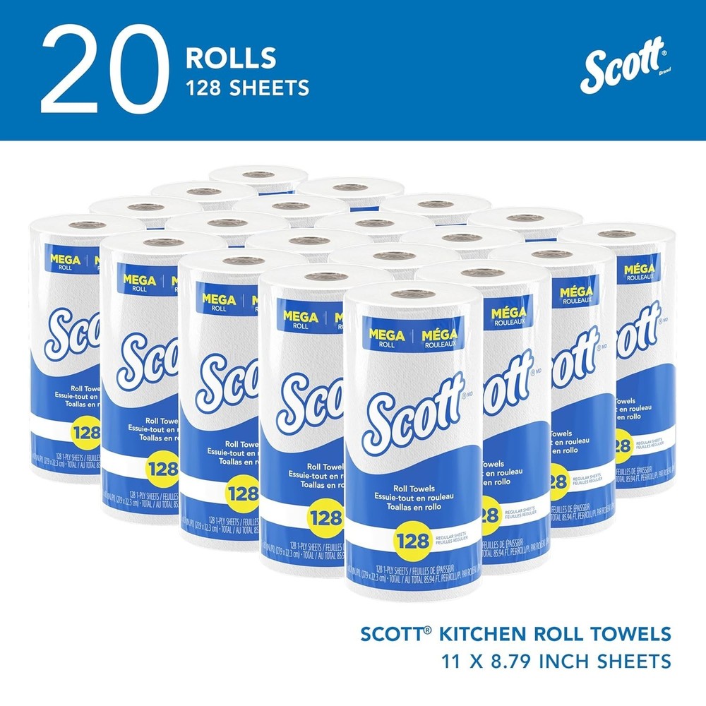 Scott Kitchen Paper Towels 20 Rolls Case - Fast-Drying, 2,560 Sheets Total