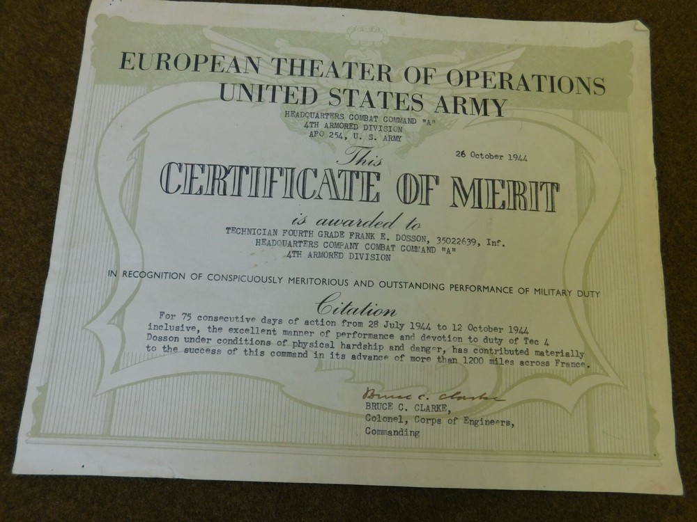 ORIGINAL WWII U.S. ARMY 4TH ARMORED DIVISION DOCUMENT & PHOTO GROUP