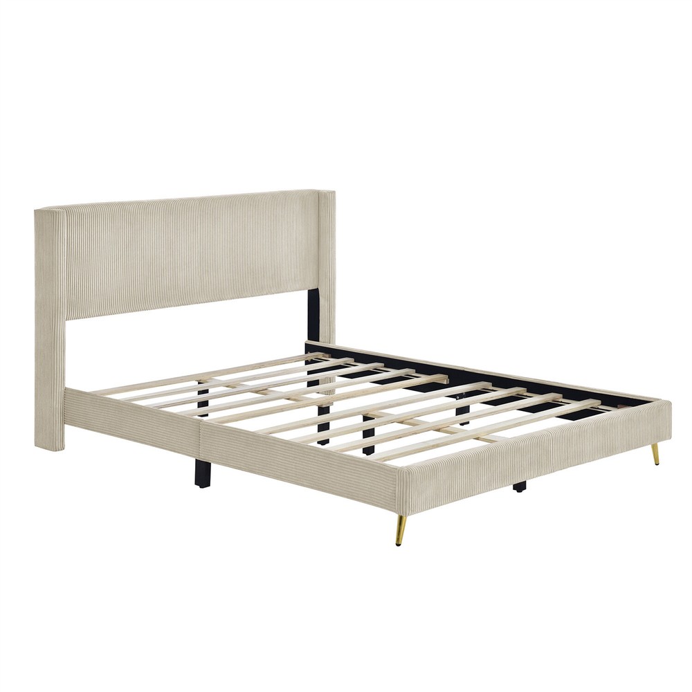 Queen Size Bed Frame Upholstered Platform Bed w/ Upholstered Headboard Beige New
