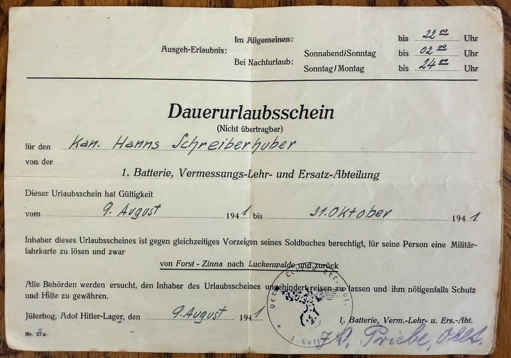 WW2 German Extended  Leave Document  Good from 8-9-41 until 10-31-41