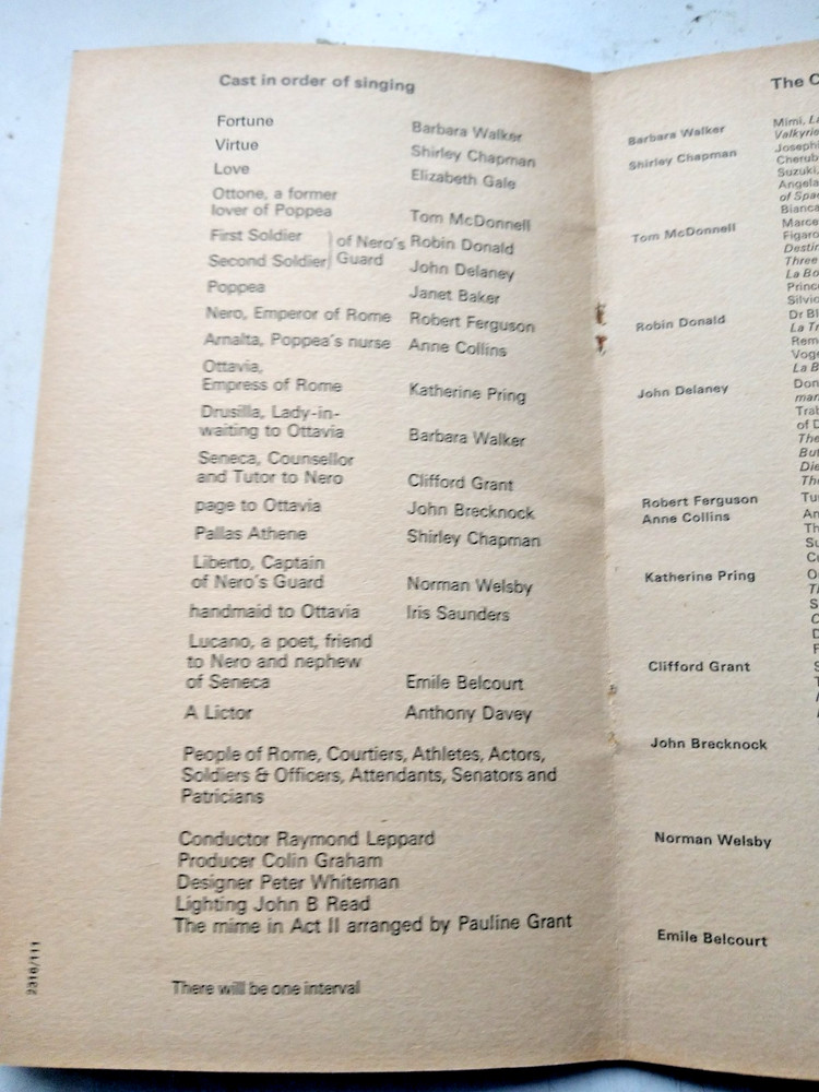 ENO programme Monteverdi "Poppea"1971 Janet Baker/Leppard